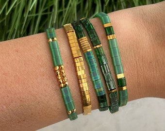 Green & Gold Stackable Beaded Bracelets | Glass Tile Bracelets | 24k Gold | Miyuki Tila | Stretchy Elastic Bracelet