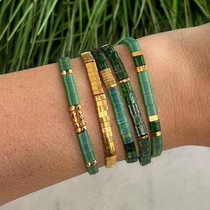 Green & Gold Stackable Beaded Bracelets | Glass Tile Bracelets | 24k Gold | Miyuki Tila | Stretchy Elastic Bracelet