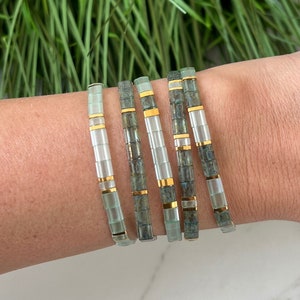 Shades of Green Stackable Beaded Bracelets | Glass Tile Bracelets | Miyuki Tila Bracelets | 24k Gold | Stretchy Elastic Bracelet