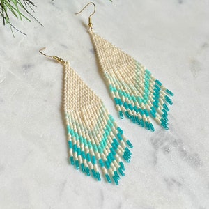 Beaded Ombre Fringe Earrings | Turquoise x Ivory | Handwoven Earrings | Seed Bead Earrings