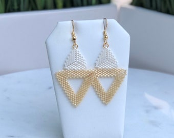 Beaded Geometric Earrings | Pearl White x Champagne | Handwoven Seed Bead Earrings