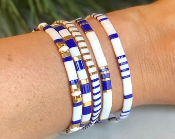 Stackable Beaded Bracelets | Glass Tile Bracelets | 24k Gold | Greek Collection | Miyuki Tila | Stretchy Elastic Bracelet