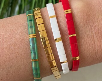 Holiday Stackable Beaded Bracelets | Glass Tile Bracelets | 24k Gold | Miyuki Tila | Christmas | Stretchy Tila Elastic Bracelet