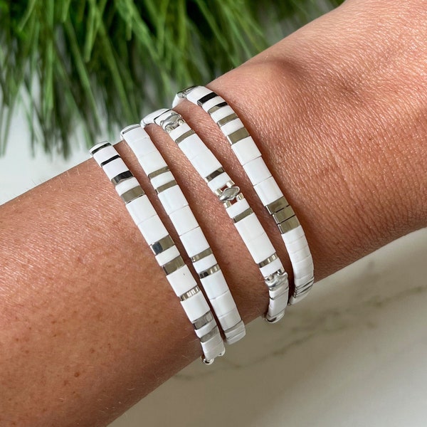 White & Silver Stackable Beaded Bracelets | Glass Tile Bracelets | Tila | Gift for Her | Palladium