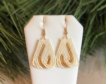 Handwoven Seed Bead Earrings | Ivory x Gold