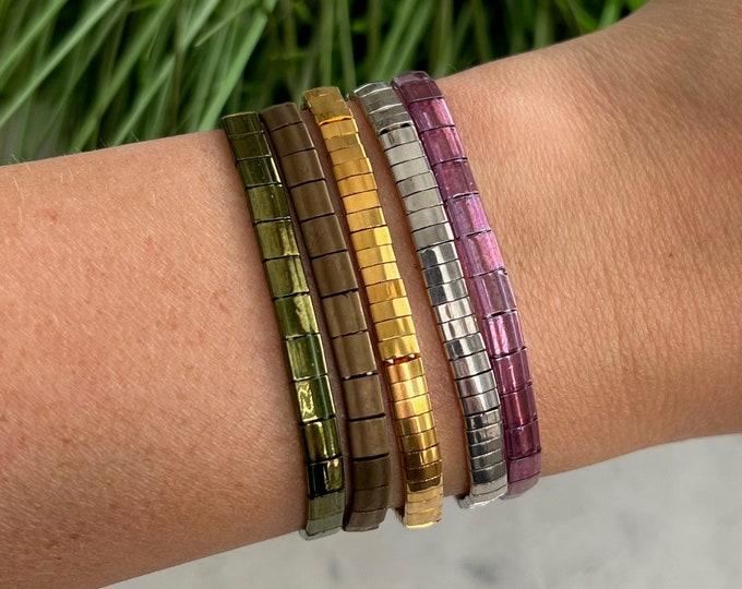 Metallic Stackable Beaded Bracelets Glass Tile Bracelets Etsy