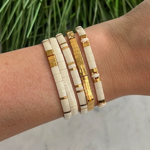 Ivory & Gold Stackable Beaded Bracelets | Glass Tile Bracelets | 24k Gold | Miyuki Tila | Stretchy Elastic Bracelet
