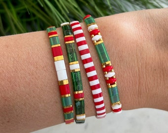 Holiday Stackable Beaded Bracelets | Glass Tile Bracelets | 24k Gold | Gift for Her | Christmas | Stretchy Elastic Bracelet