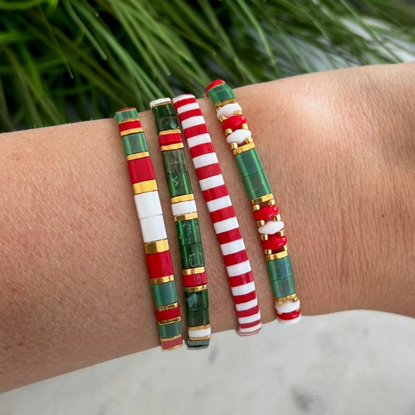 Holiday Stackable Beaded Bracelets | Glass Tile Bracelets | 24k Gold | Gift for Her | Christmas | Stretchy Elastic Bracelet