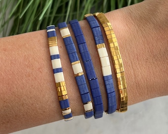 Navy Stackable Beaded Bracelets | Glass Tile Bracelets | 24k Gold | Miyuki Tila | Stretchy Elastic Bracelet | Stretchy Elastic Bracelet