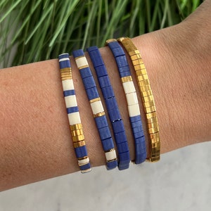 Navy Stackable Beaded Bracelets | Glass Tile Bracelets | 24k Gold | Gift for Her | Stretchy Elastic Bracelet | Stretchy Elastic Bracelet
