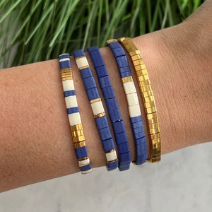 Navy Stackable Beaded Bracelets | Glass Tile Bracelets | 24k Gold | Miyuki Tila | Stretchy Elastic Bracelet | Stretchy Elastic Bracelet