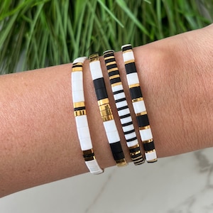 Black & White Stackable Beaded Bracelets | Glass Tile Bracelets | Tila Bracelets | 24k Gold | Miyuki Tila | Stretchy Elastic Bracelet