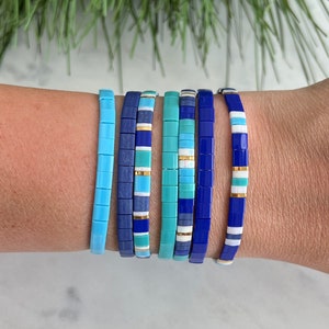 Shades of Blue Stackable Beaded Bracelets | Glass Tile Bracelets | Miyuki Tila | Stretchy Elastic Bracelet | Stretchy Elastic Bracelet