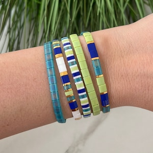 Lime & Blue Stackable Beaded Bracelets | Glass Tile Bracelets | Miyuki Tila | 24k Gold | Stretchy Elastic Bracelet