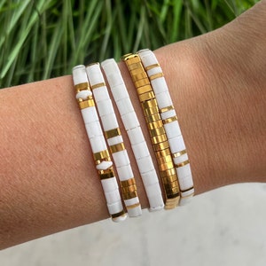 White & Gold Stackable Beaded Bracelets | Glass Tile Bracelets | 24k Gold | Miyuki Tila | Stretchy Elastic Bracelet