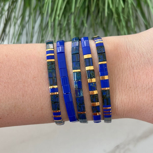 Stackable Beaded Bracelets | Glass Tile Bracelets | 24k Gold | Cobalt Blue Collection | Gift for Her | Stretchy Elastic Bracelet