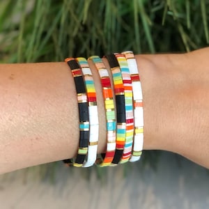 Stackable Beaded Bracelets | Glass Tile Bracelets | 24k Gold | Rainbow | Miyuki Tila | Stretchy Elastic Bracelet