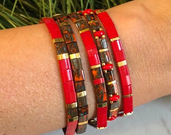 Stackable Beaded Bracelets | Glass Tile Bracelets | 24k Gold | Red Collection | Gift for Her | Stretchy Elastic Bracelet