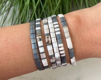 Gray, White & Silver Stackable Beaded Bracelets | Glass Tile Bracelets | Tila | Miyuki Tila | Stretchy Elastic Bracelet