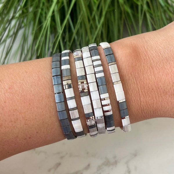 Gray, White & Silver Stackable Beaded Bracelets | Glass Tile Bracelets | Tila | Gift for Her