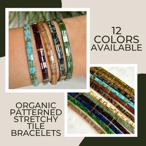 Organic Patterned Stackable Beaded Bracelets | Glass Tile Bracelets | 24k Gold | Miyuki Tila | Stretchy Elastic Bracelet