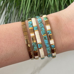 Turquoise & Bronze Stackable Beaded Bracelets | Glass Tile Bracelets | Miyuki Tila Bracelets | 24k Gold | Stretchy Elastic Bracelet