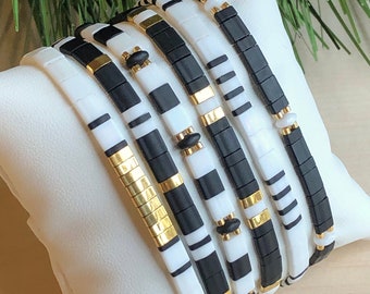 Stackable Beaded Bracelets | Glass Tile Bracelets | 24k Gold | Black & White | Miyuki Tila | Stretchy Elastic Bracelet