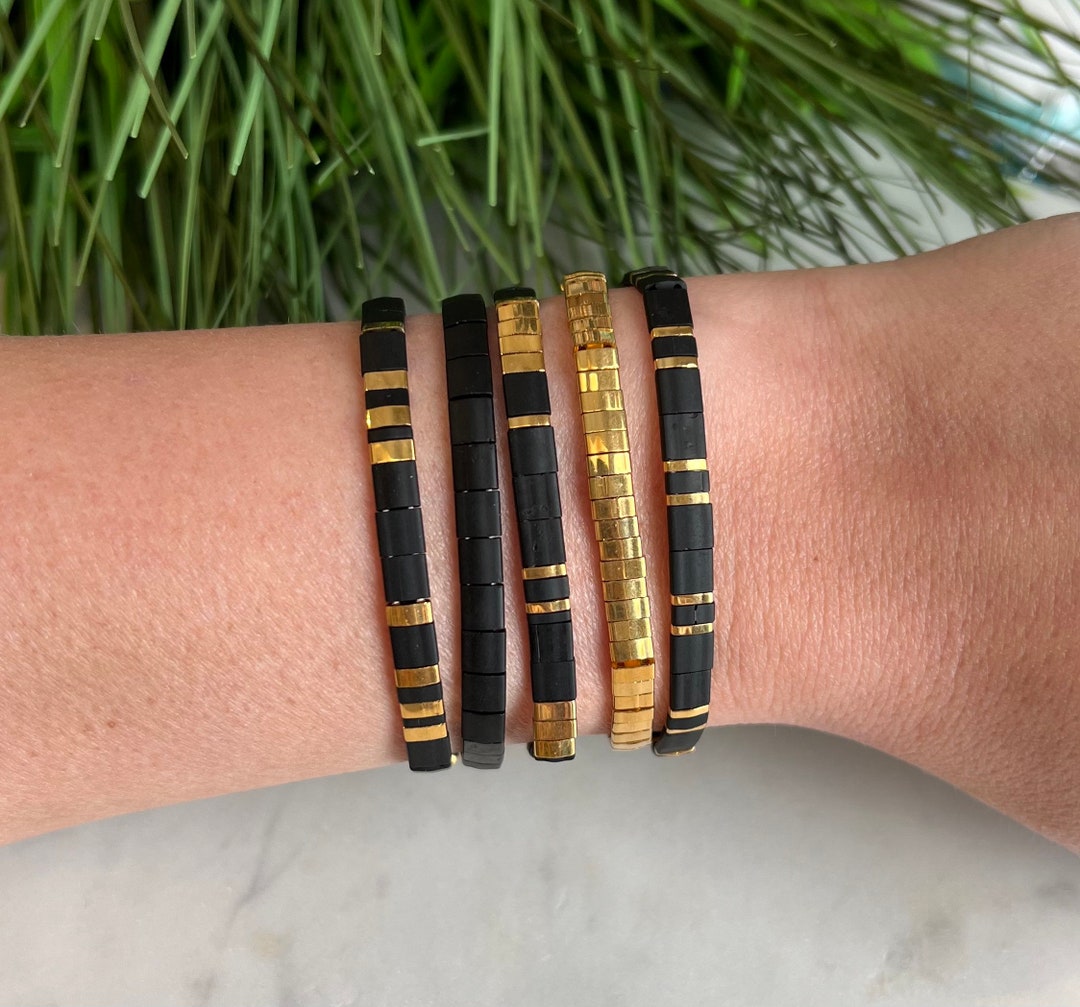 Stackable Beaded Bracelets Glass Tile Bracelets 24k Gold Black X Gold