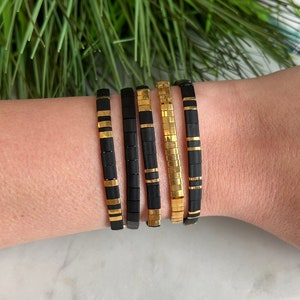Stackable Beaded Bracelets | Glass Tile Bracelets | 24k Gold | Black x Gold | Miyuki Tila | Stretchy Elastic Bracelet