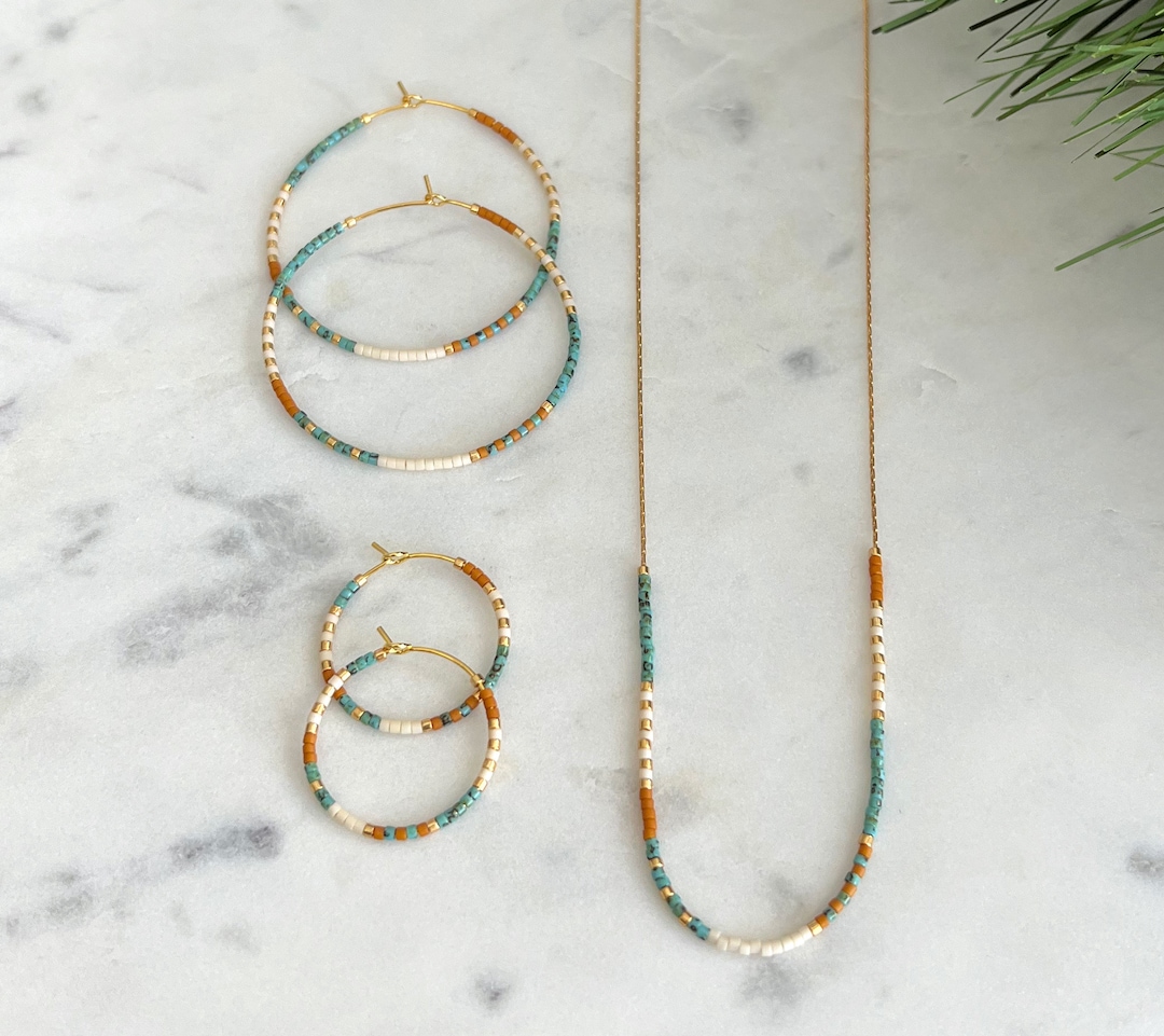 Dainty Seed Bead Necklace & Matching Hoops | Beaded Hoop Earrings | Minimalist Necklace | Gold Snake Chain