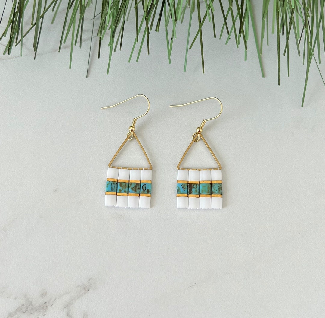 White & Turquoise Beaded Tila Earrings | Tile Beads | Tile Beads | Modern Earrings | 6 Options Available
