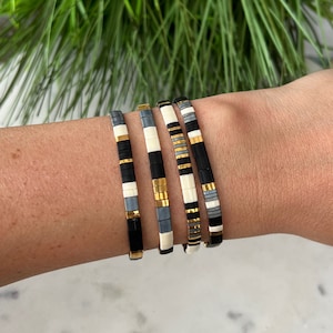 Gunmetal, Ivory & Black Stackable Beaded Bracelets | Glass Tile Bracelets | 24k Gold | Miyuki Tila | Stretchy Elastic Bracelet
