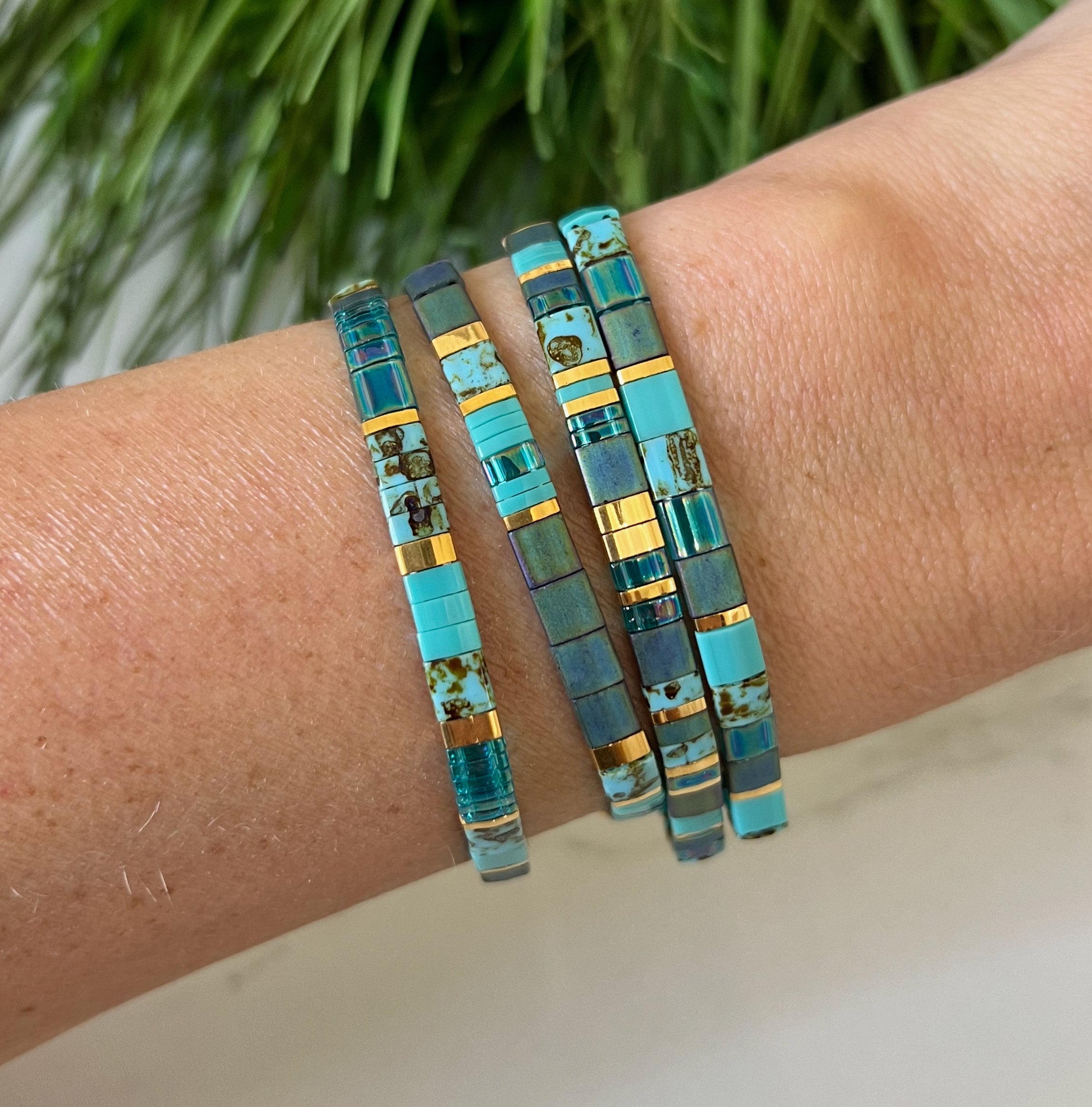 Teal, Turquoise, and 24k Gold Glass Stackable Beaded