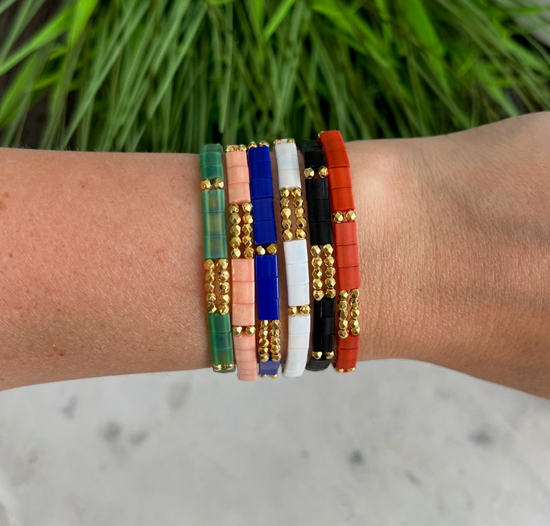 Stackable Beaded Bracelets Glass Tile Bracelets 24k Gold Etsy