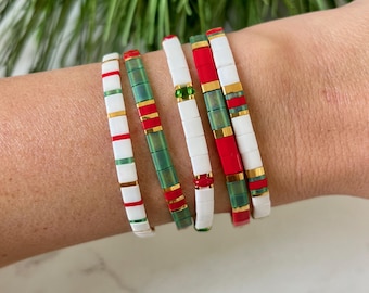 Holiday Stackable Beaded Bracelets | Glass Tile Bracelets | 24k Gold | Miyuki Tila | Christmas | Stretchy Tila Elastic Bracelet