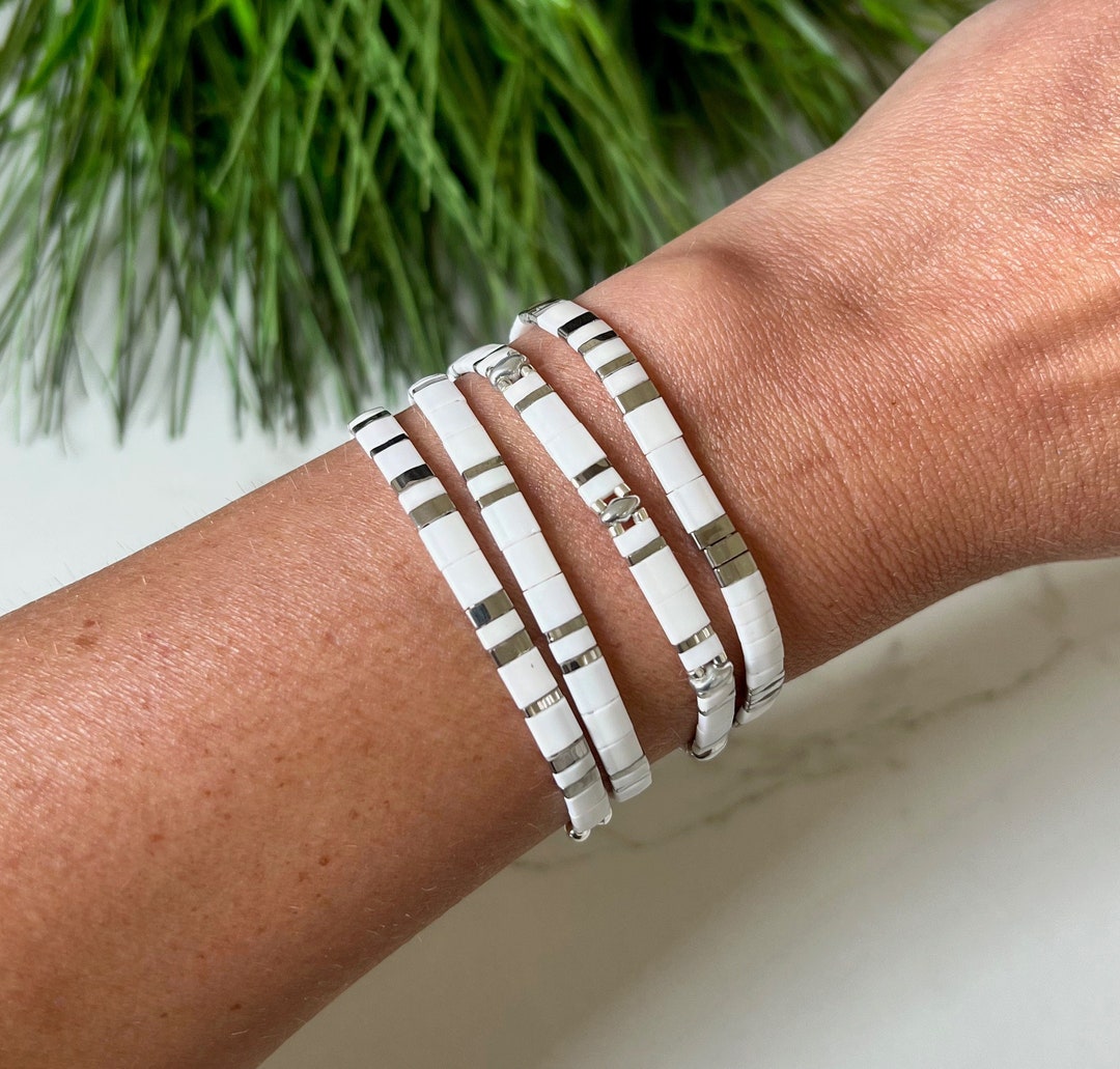 White & Silver Stackable Beaded Bracelets Glass Tile Bracelets Tila