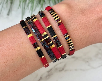 Brick Red, Black & 24k Gold Stackable Beaded Bracelets | Glass Tile Bracelets | Tila Bracelet | Seed Bead Jewelry | Miyuki Bracelets