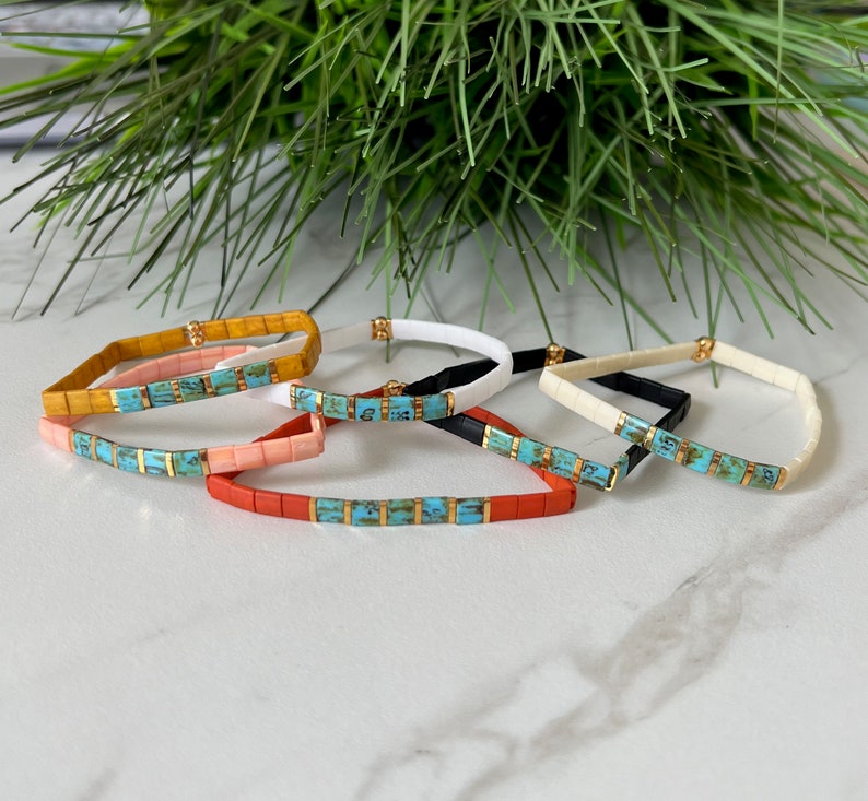 Stackable Beaded Bracelets Glass Tile Bracelets 24k Gold Etsy