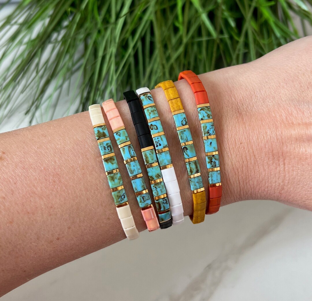 Stackable Beaded Bracelets Glass Tile Bracelets 24k Gold Turquoise Pop