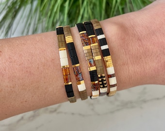 Black, Bronze, Ivory & 24k Gold Stackable Beaded Bracelets | Glass Tile Bracelets | 24k Gold | Miyuki Tila | Stretchy Elastic Bracelet