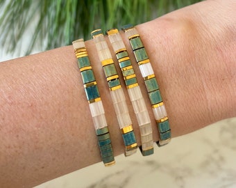 Sage & Ivory Stackable Beaded Bracelets | Glass Tile Bracelets | 24k Gold | Miyuki Tila | Stretchy Elastic Bracelet