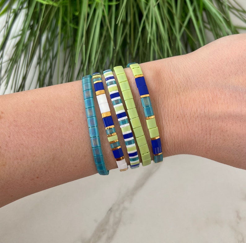 Lime & Blue Stackable Beaded Bracelets Glass Tile Bracelets Etsy