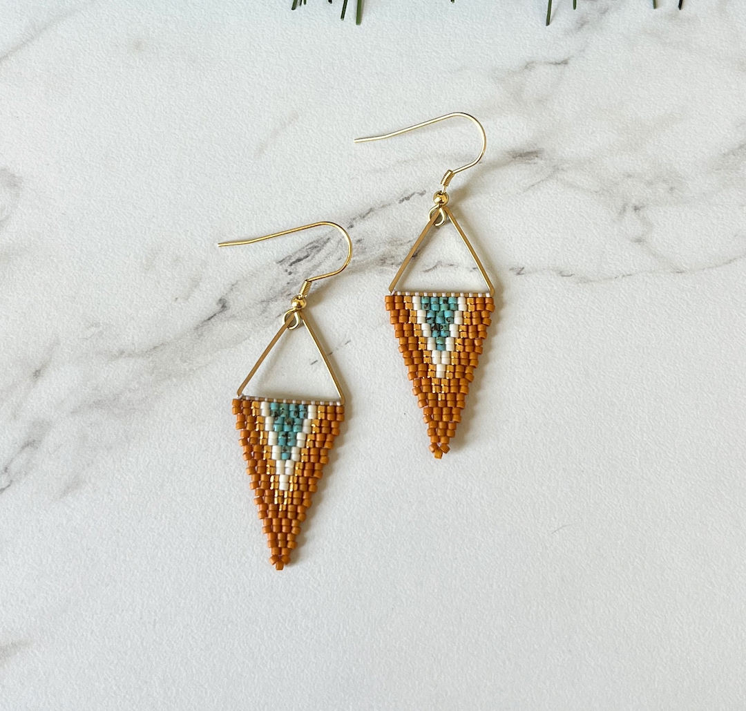 Turquoise, Copper, Ivory & 24k Gold Beaded Triangle Earrings | Miyuki Delica Earrings | Modern Earrings | Brass Triangle | Geometric
