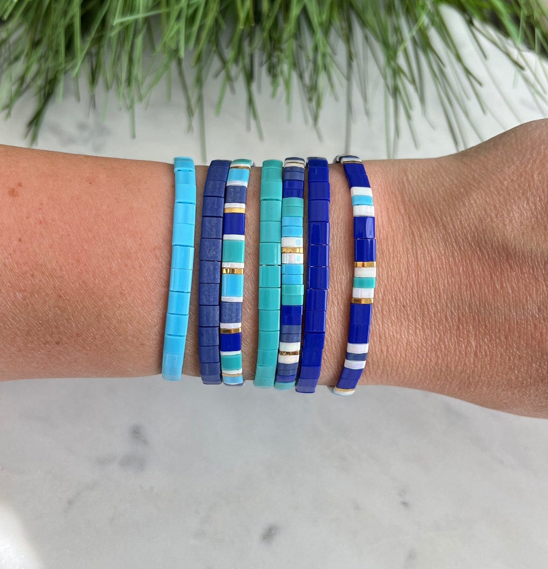 Shades of Blue Stackable Beaded Bracelets Glass Tile Bracelets Gift for Her Stretchy Elastic