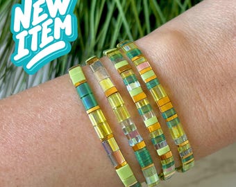 Lime Green & 24k Gold Plated Stackable Beaded Bracelets | Glass Tile Bracelets | Miyuki Tila | Stretchy Elastic Bracelet