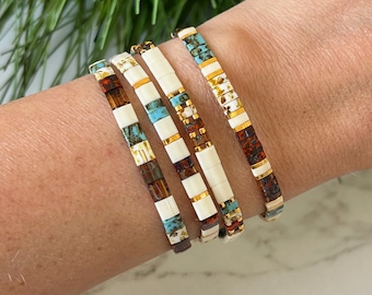 Picasso Tila & 24k Gold Stackable Beaded Bracelets | Glass Tile Bracelets | Miyuki Tila Bracelets | Stretchy Bracelets