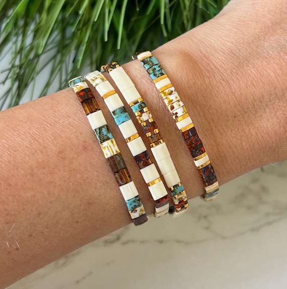 Picasso Tila & 24k Gold Stackable Beaded Bracelets | Glass Tile Bracelets | Miyuki Tila Bracelets | Stretchy Bracelets