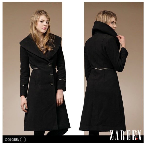 Wool Blend Long Coat with Oversized Lapel - Black