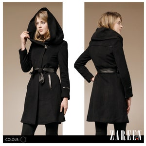 Wool Blend Coat with Oversized Hood - Black